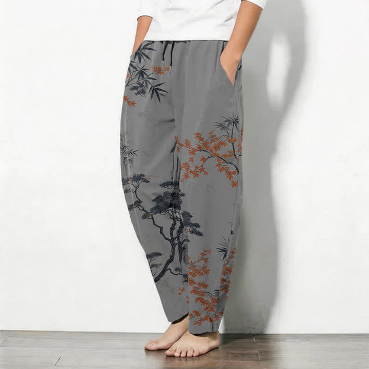 Buddha Stones Pantalon fuselé pour homme en pur coton, motif érable, bambou et pin, avec cordon de serrage et poches. - image 8