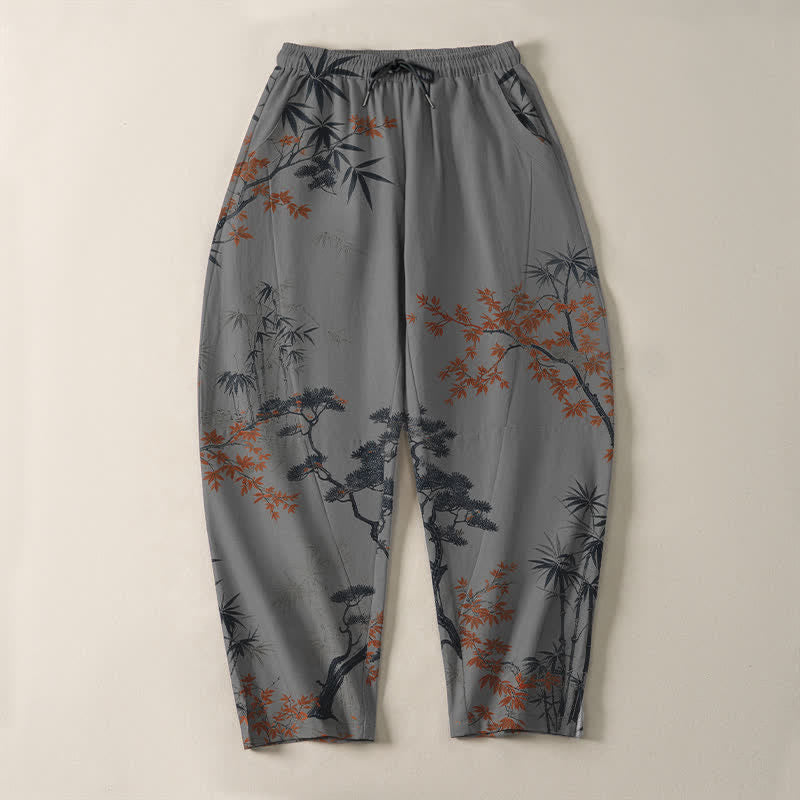 Buddha Stones Pantalon fuselé pour homme en pur coton, motif érable, bambou et pin, avec cordon de serrage et poches. - image 9