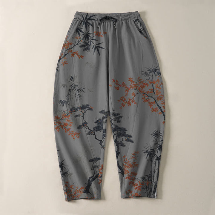 Buddha Stones Pantalon fuselé pour homme en pur coton, motif érable, bambou et pin, avec cordon de serrage et poches. - image 9