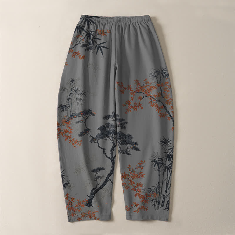 Buddha Stones Pantalon fuselé pour homme en pur coton, motif érable, bambou et pin, avec cordon de serrage et poches. - image 10