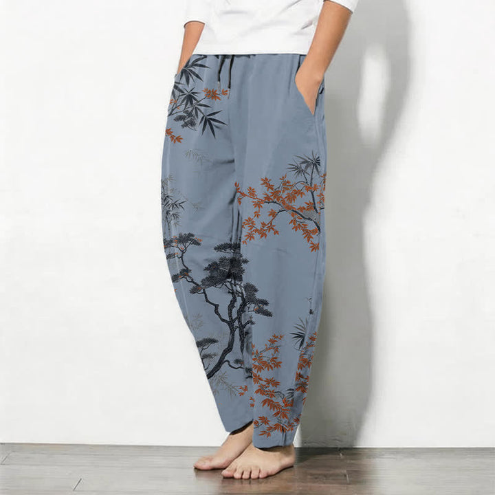 Buddha Stones Pantalon fuselé pour homme en pur coton, motif érable, bambou et pin, avec cordon de serrage et poches. - image 12