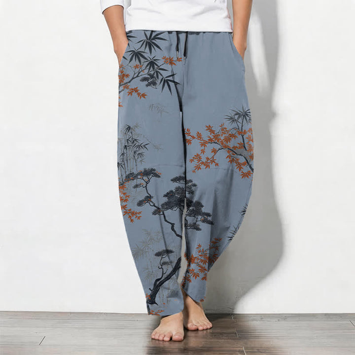 Buddha Stones Pantalon fuselé pour homme en pur coton, motif érable, bambou et pin, avec cordon de serrage et poches. - Bleu acier clair - US/UK/AU50，EU60 (5XL) - image 11
