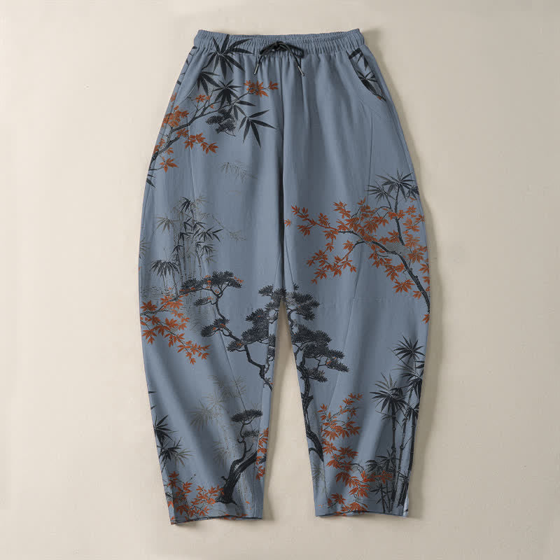 Buddha Stones Pantalon fuselé pour homme en pur coton, motif érable, bambou et pin, avec cordon de serrage et poches. - image 13