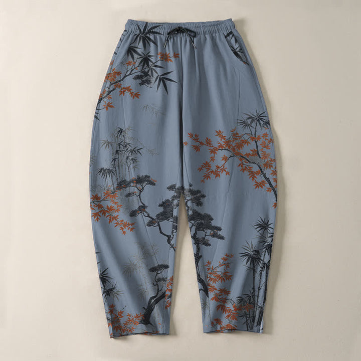Buddha Stones Pantalon fuselé pour homme en pur coton, motif érable, bambou et pin, avec cordon de serrage et poches. - image 13