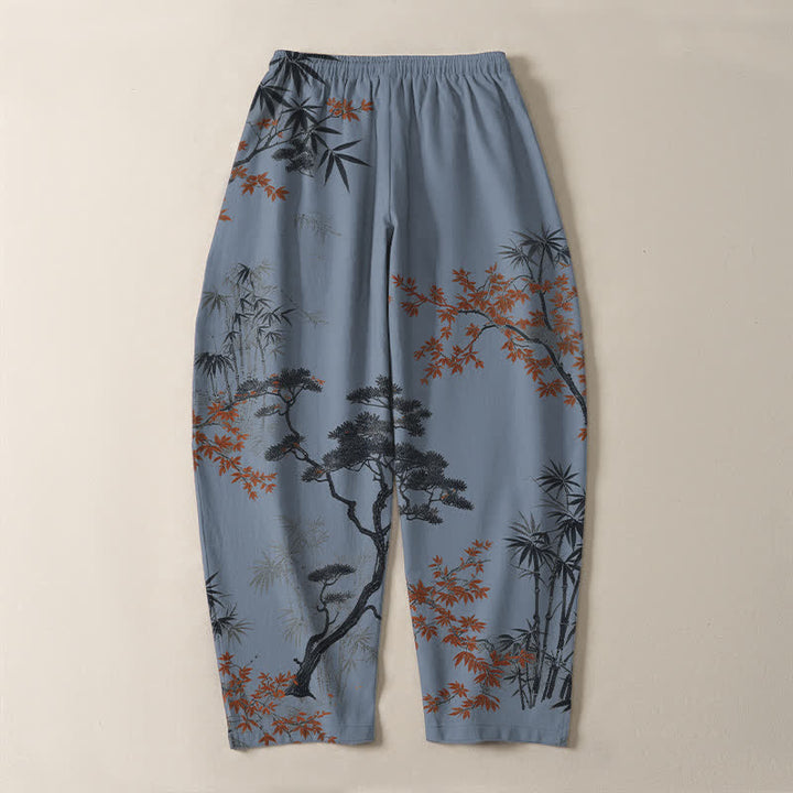 Buddha Stones Pantalon fuselé pour homme en pur coton, motif érable, bambou et pin, avec cordon de serrage et poches. - image 14