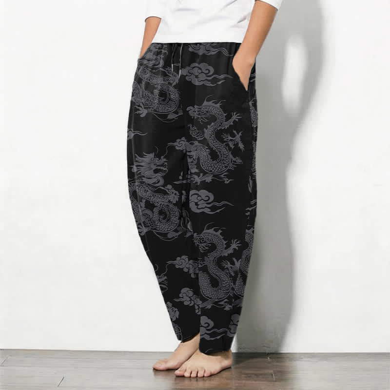 Buddha Stones Pantalon fuselé pour homme en pur coton, motif nuage de dragon foncé, cordon de serrage et poches - image 1