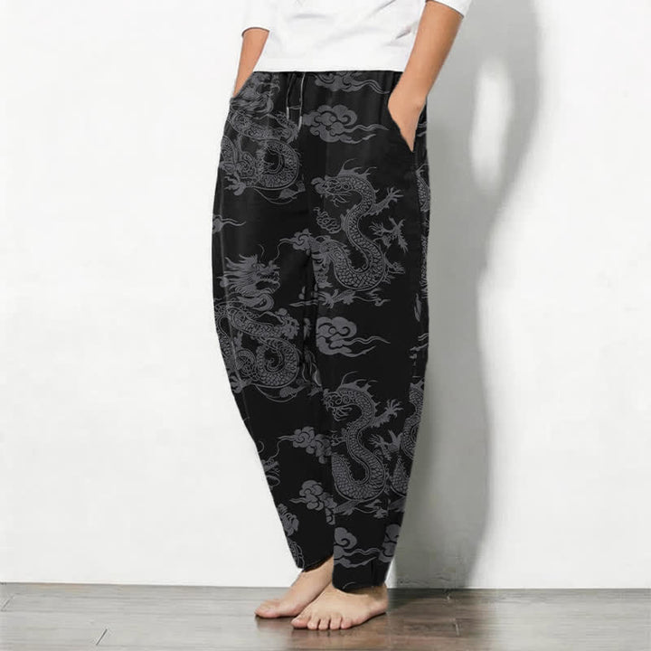 Buddha Stones Pantalon fuselé pour homme en pur coton, motif nuage de dragon foncé, cordon de serrage et poches - image 1