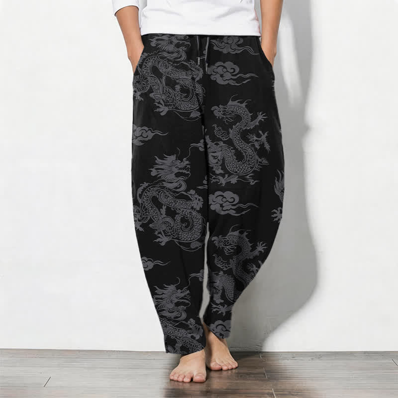 Buddha Stones Pantalon fuselé pour homme en pur coton, motif nuage de dragon foncé, cordon de serrage et poches - Noir - US/UK/AU50，EU60 (5XL) - image 0