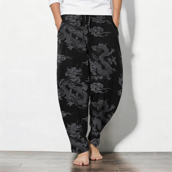 Buddha Stones Pantalon fuselé pour homme en pur coton, motif nuage de dragon foncé, cordon de serrage et poches - Noir - US/UK/AU50，EU60 (5XL) - image 0