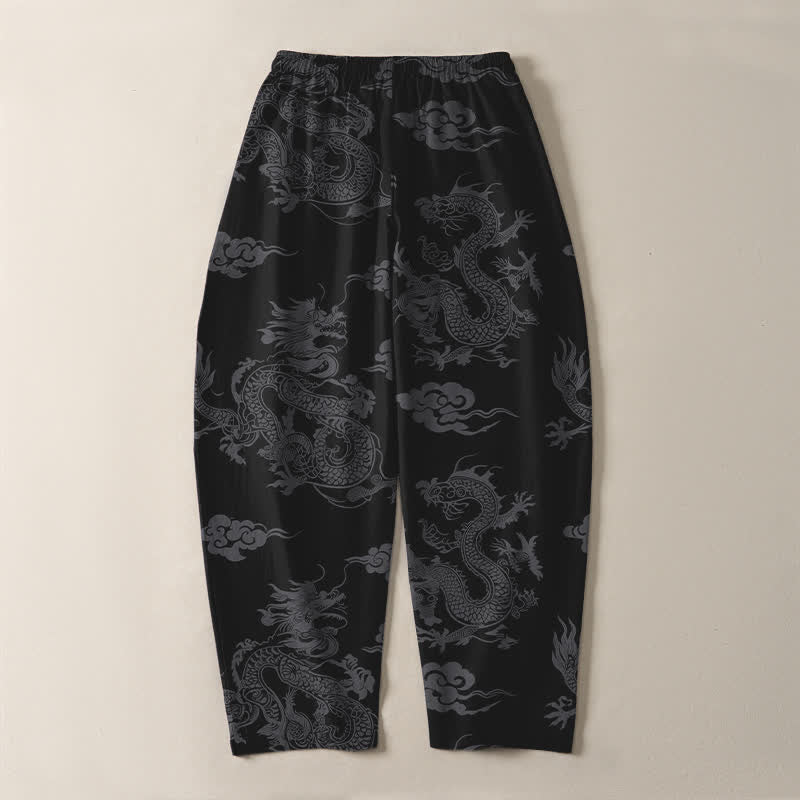 Buddha Stones Pantalon fuselé pour homme en pur coton, motif nuage de dragon foncé, cordon de serrage et poches - image 3