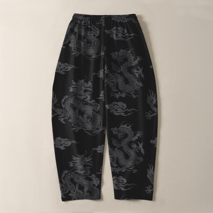 Buddha Stones Pantalon fuselé pour homme en pur coton, motif nuage de dragon foncé, cordon de serrage et poches - image 3