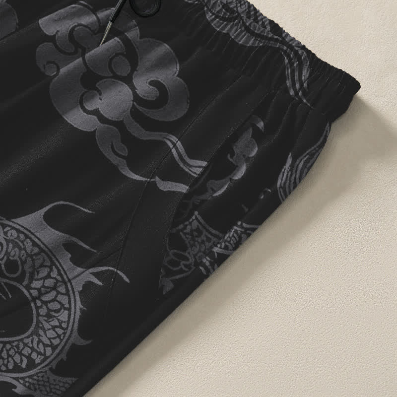 Buddha Stones Pantalon fuselé pour homme en pur coton, motif nuage de dragon foncé, cordon de serrage et poches - image 4