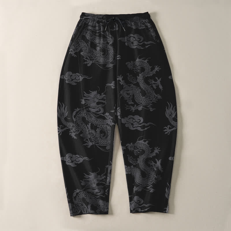 Buddha Stones Pantalon fuselé pour homme en pur coton, motif nuage de dragon foncé, cordon de serrage et poches - image 2