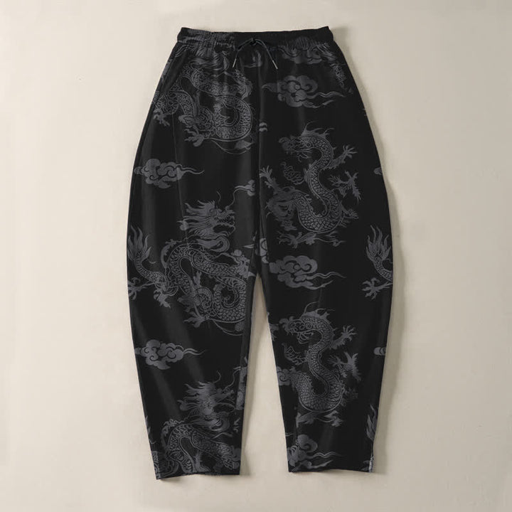 Buddha Stones Pantalon fuselé pour homme en pur coton, motif nuage de dragon foncé, cordon de serrage et poches - image 2