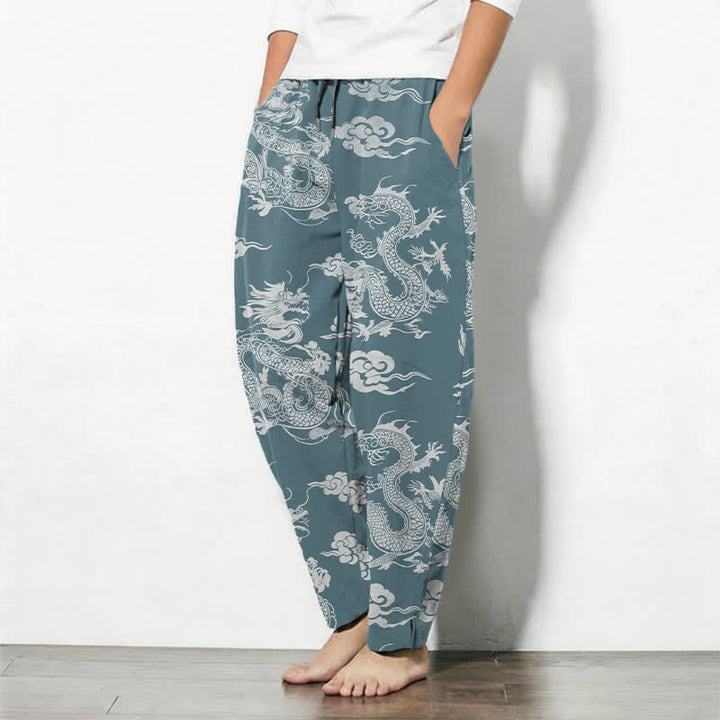 Buddha Stones Pantalon fuselé pour homme en pur coton, motif nuage de dragon foncé, cordon de serrage et poches - image 8