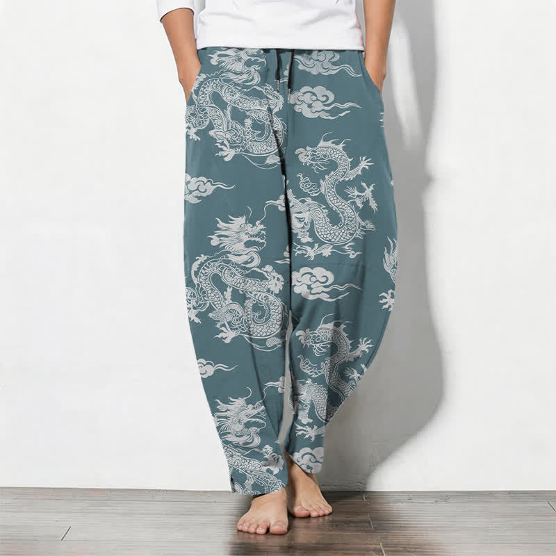 Buddha Stones Pantalon fuselé pour homme en pur coton, motif nuage de dragon foncé, cordon de serrage et poches - CadetBlue - US/UK/AU50，EU60 (5XL) - image 7