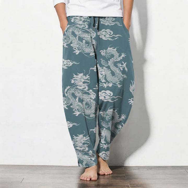 Buddha Stones Pantalon fuselé pour homme en pur coton, motif nuage de dragon foncé, cordon de serrage et poches - CadetBlue - US/UK/AU50，EU60 (5XL) - image 7