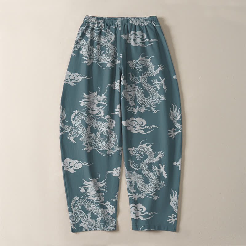 Buddha Stones Pantalon fuselé pour homme en pur coton, motif nuage de dragon foncé, cordon de serrage et poches - image 10