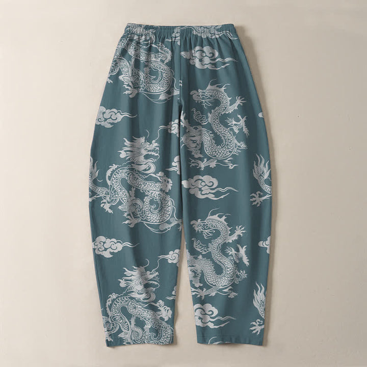 Buddha Stones Pantalon fuselé pour homme en pur coton, motif nuage de dragon foncé, cordon de serrage et poches - image 10