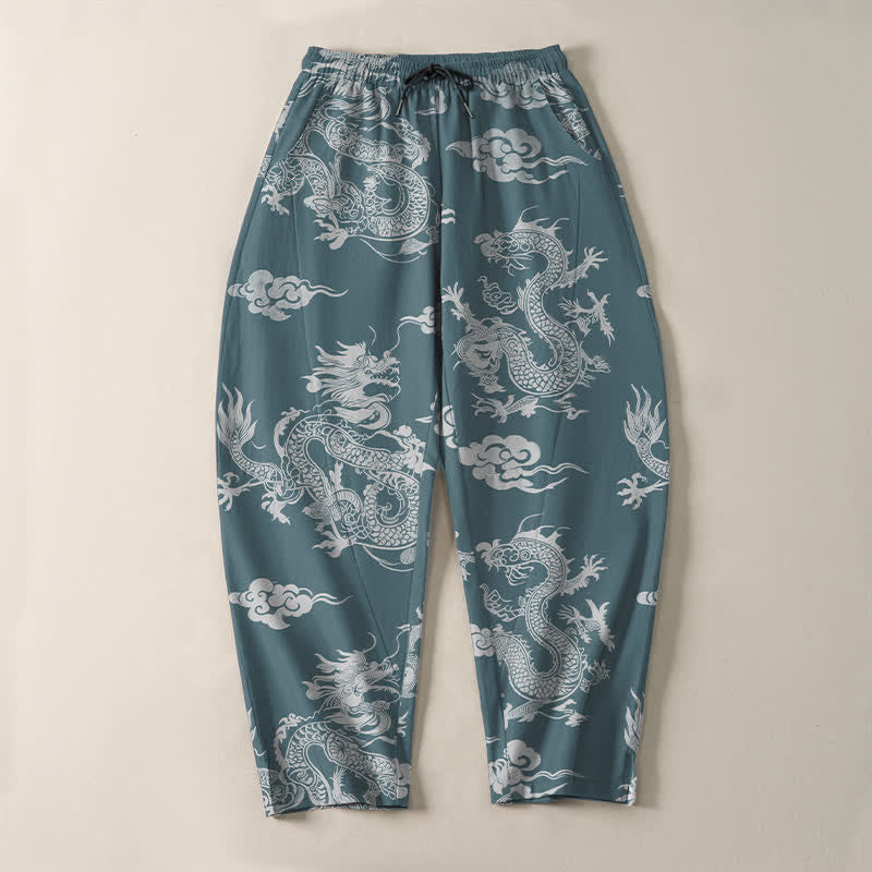 Buddha Stones Pantalon fuselé pour homme en pur coton, motif nuage de dragon foncé, cordon de serrage et poches - image 9