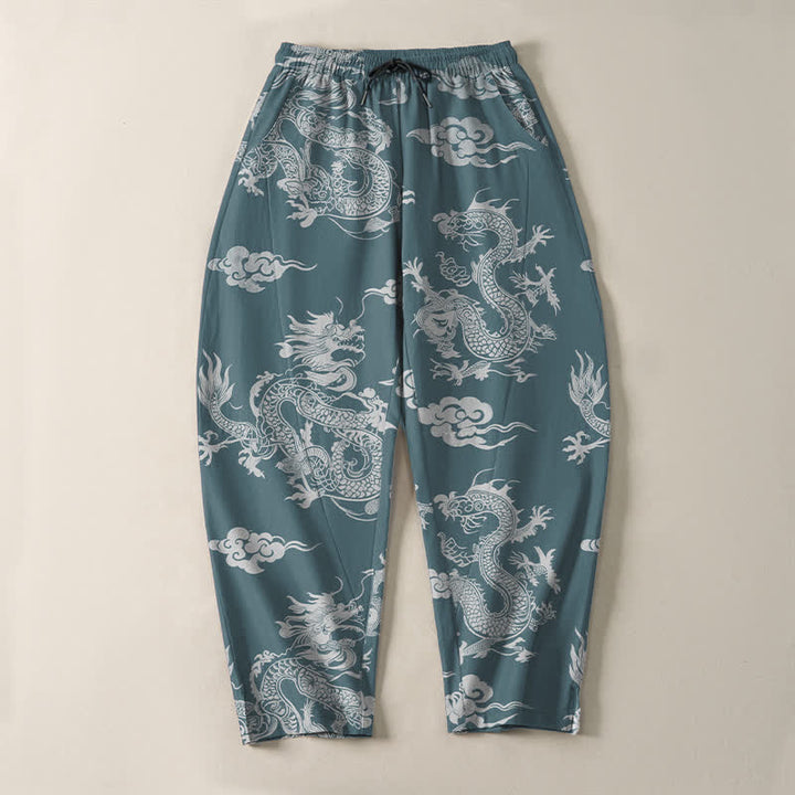 Buddha Stones Pantalon fuselé pour homme en pur coton, motif nuage de dragon foncé, cordon de serrage et poches - image 9