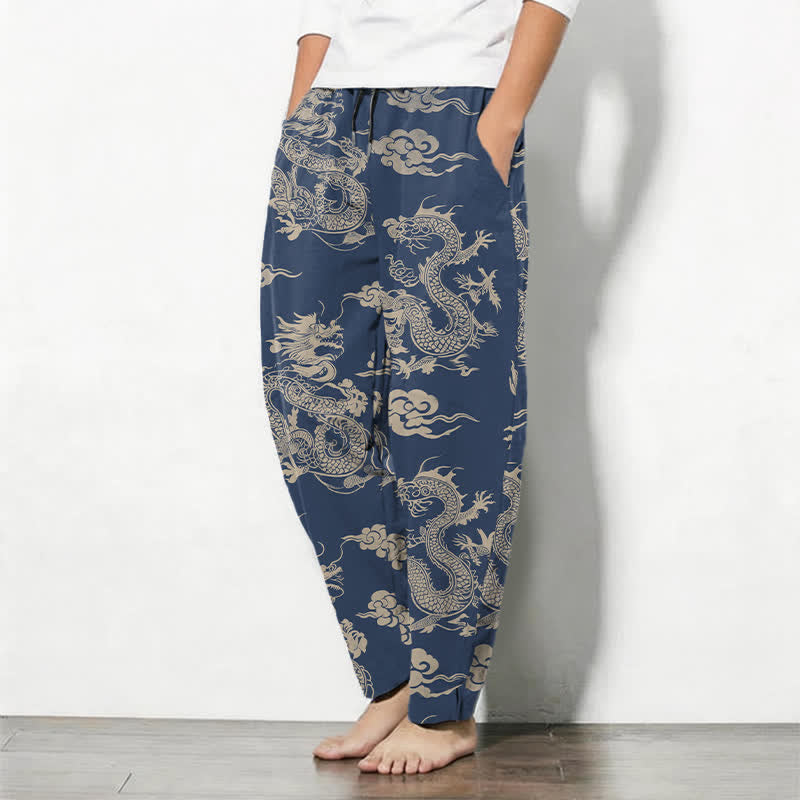 Buddha Stones Pantalon fuselé pour homme en pur coton, motif nuage de dragon foncé, cordon de serrage et poches - image 12