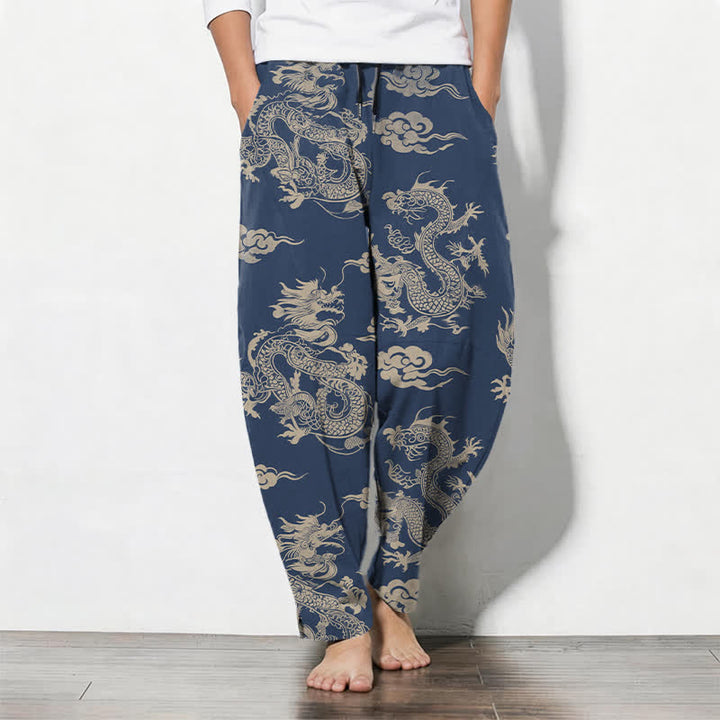 Buddha Stones Pantalon fuselé pour homme en pur coton, motif nuage de dragon foncé, cordon de serrage et poches - Marine - US/UK/AU50，EU60 (5XL) - image 11
