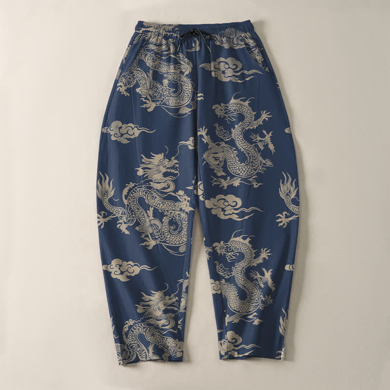 Buddha Stones Pantalon fuselé pour homme en pur coton, motif nuage de dragon foncé, cordon de serrage et poches - image 13