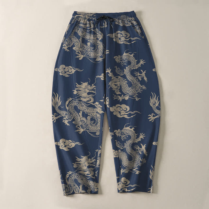 Buddha Stones Pantalon fuselé pour homme en pur coton, motif nuage de dragon foncé, cordon de serrage et poches - image 13