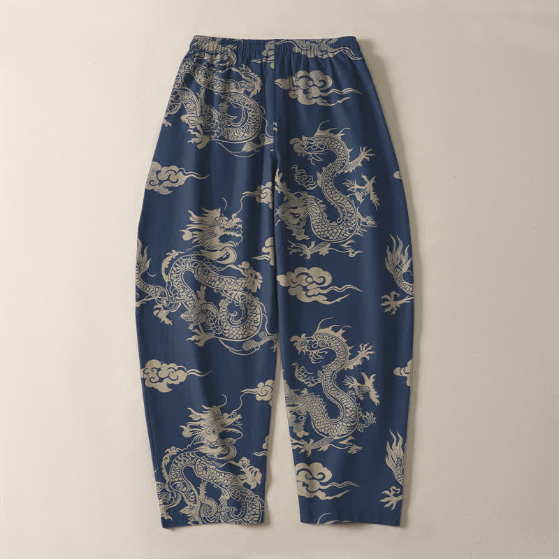 Buddha Stones Pantalon fuselé pour homme en pur coton, motif nuage de dragon foncé, cordon de serrage et poches - image 14