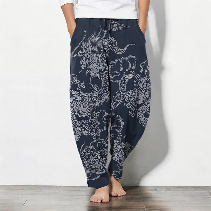 Buddha Stones Pantalon fuselé pour homme en pur coton, motif nuage de dragon, cordon de serrage et poches - Marine - US/UK/AU50，EU60 (5XL) - image 0