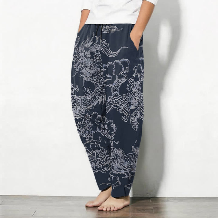 Buddha Stones Pantalon fuselé pour homme en pur coton, motif nuage de dragon, cordon de serrage et poches - image 1