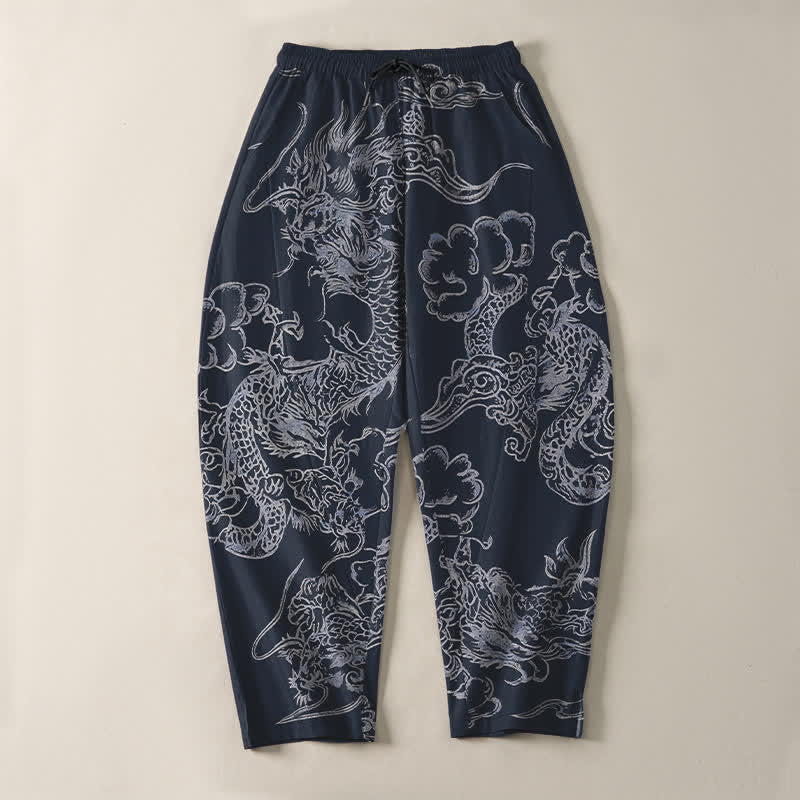 Buddha Stones Pantalon fuselé pour homme en pur coton, motif nuage de dragon, cordon de serrage et poches - image 2