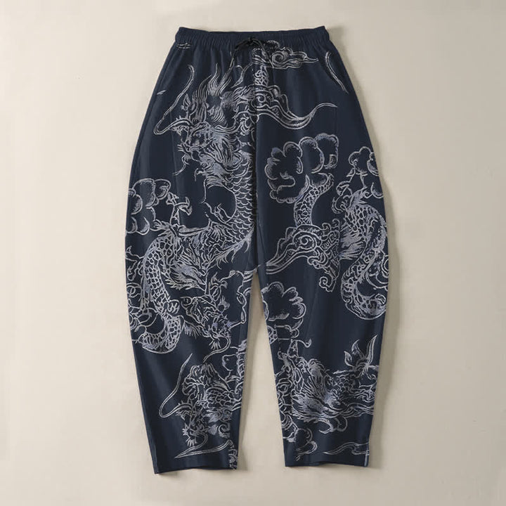 Buddha Stones Pantalon fuselé pour homme en pur coton, motif nuage de dragon, cordon de serrage et poches - image 2