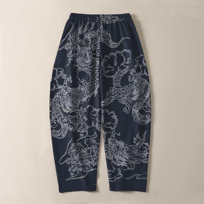 Buddha Stones Pantalon fuselé pour homme en pur coton, motif nuage de dragon, cordon de serrage et poches - image 3