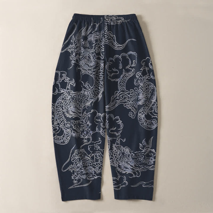 Buddha Stones Pantalon fuselé pour homme en pur coton, motif nuage de dragon, cordon de serrage et poches - image 3