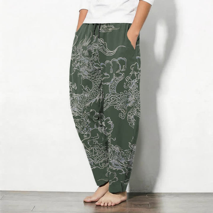Buddha Stones Pantalon fuselé pour homme en pur coton, motif nuage de dragon, cordon de serrage et poches - image 8