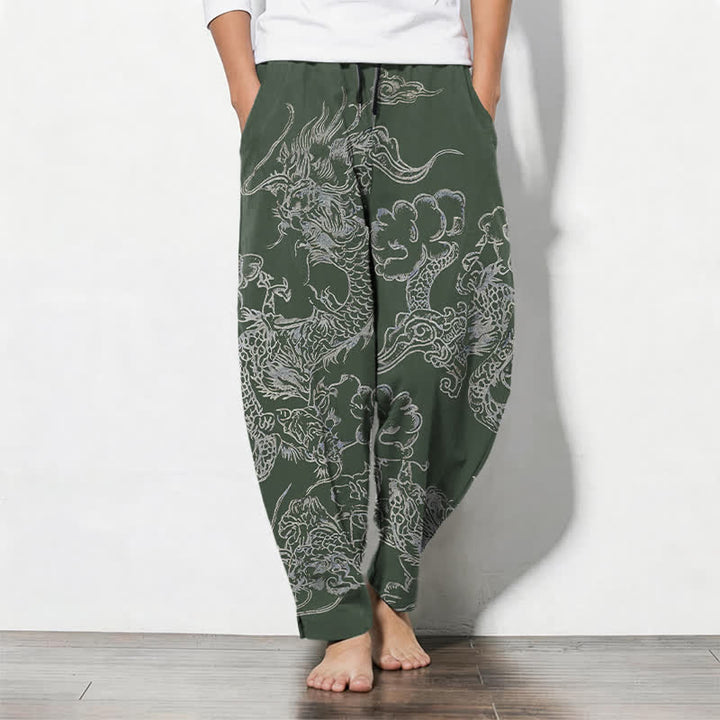 Buddha Stones Pantalon fuselé pour homme en pur coton, motif nuage de dragon, cordon de serrage et poches - Vert olive foncé - US/UK/AU50，EU60 (5XL) - image 7