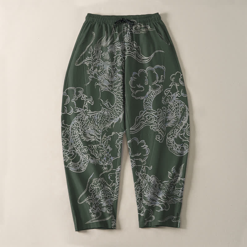 Buddha Stones Pantalon fuselé pour homme en pur coton, motif nuage de dragon, cordon de serrage et poches - image 9
