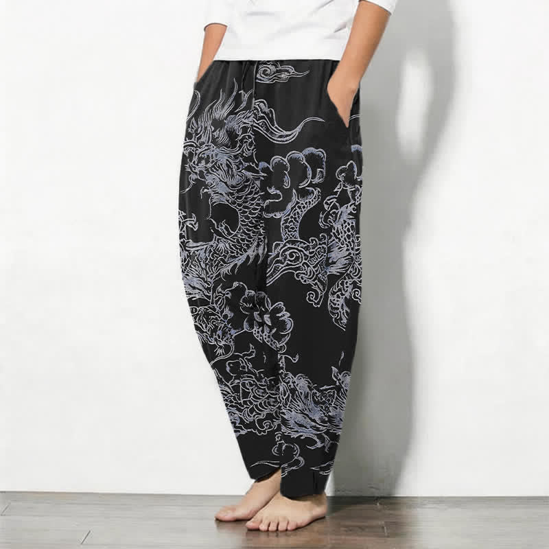 Buddha Stones Pantalon fuselé pour homme en pur coton, motif nuage de dragon, cordon de serrage et poches - image 12