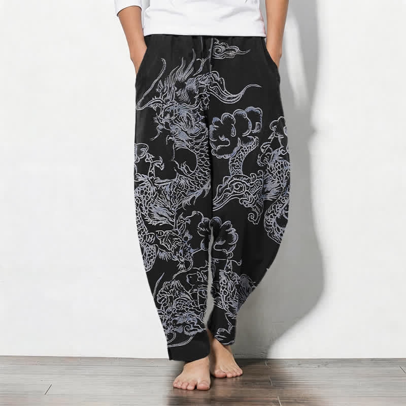 Buddha Stones Pantalon fuselé pour homme en pur coton, motif nuage de dragon, cordon de serrage et poches - Noir - US/UK/AU50，EU60 (5XL) - image 11