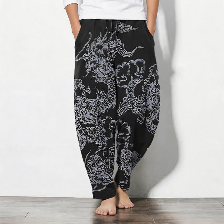 Buddha Stones Pantalon fuselé pour homme en pur coton, motif nuage de dragon, cordon de serrage et poches - Noir - US/UK/AU50，EU60 (5XL) - image 11