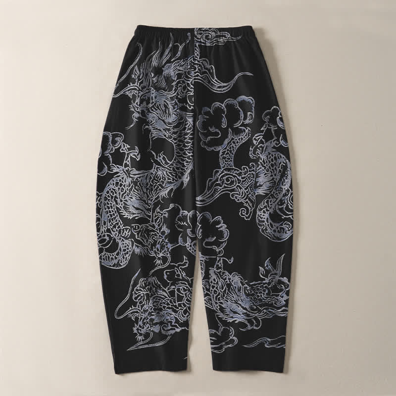Buddha Stones Pantalon fuselé pour homme en pur coton, motif nuage de dragon, cordon de serrage et poches - image 14