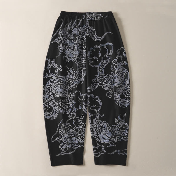 Buddha Stones Pantalon fuselé pour homme en pur coton, motif nuage de dragon, cordon de serrage et poches - image 14