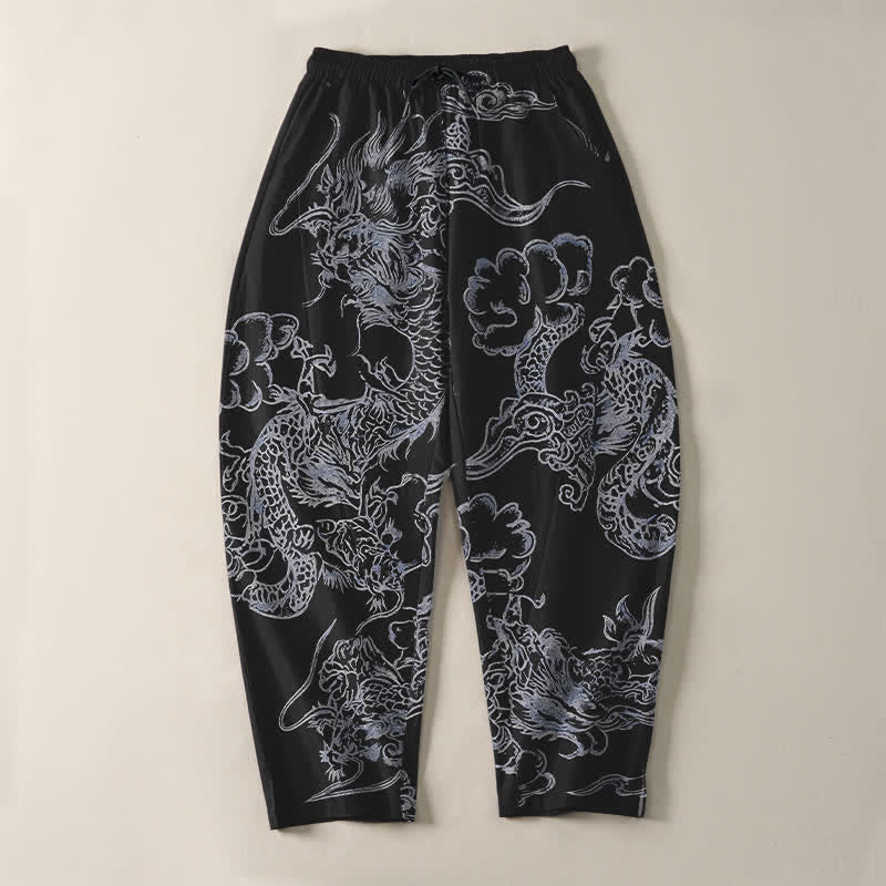 Buddha Stones Pantalon fuselé pour homme en pur coton, motif nuage de dragon, cordon de serrage et poches - image 13