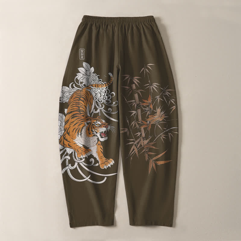 Buddha Stones Pantalon fuselé pour homme en pur coton, motif tigre rugissant et bambou, avec cordon de serrage et poches - image 3