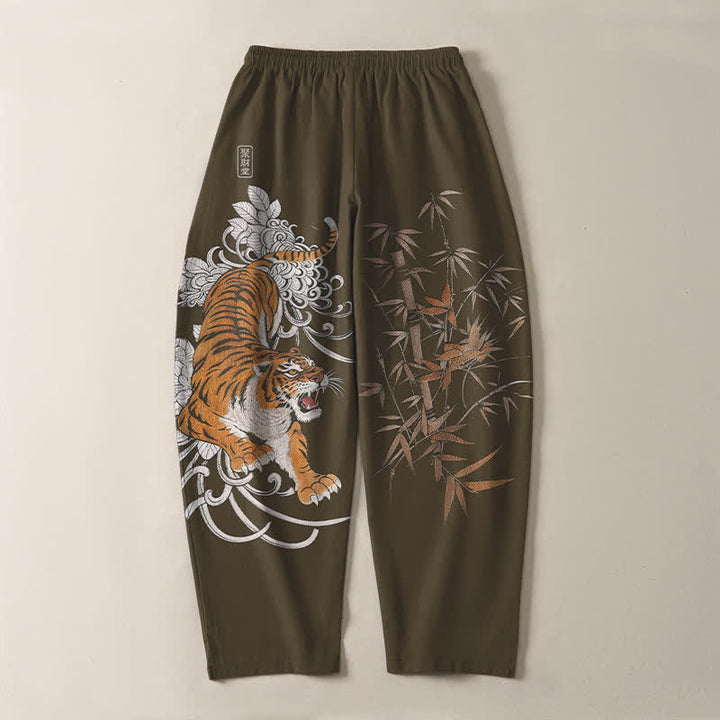 Buddha Stones Pantalon fuselé pour homme en pur coton, motif tigre rugissant et bambou, avec cordon de serrage et poches - image 3