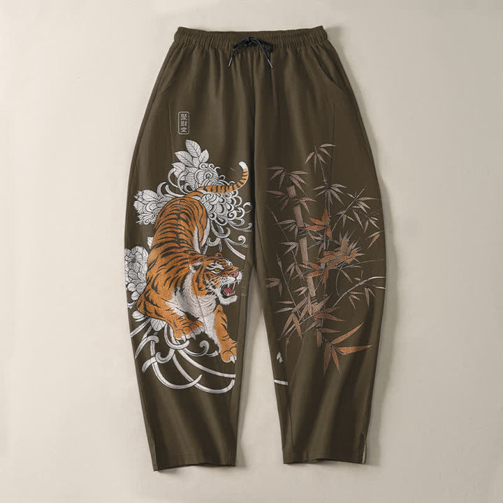 Buddha Stones Pantalon fuselé pour homme en pur coton, motif tigre rugissant et bambou, avec cordon de serrage et poches - image 2