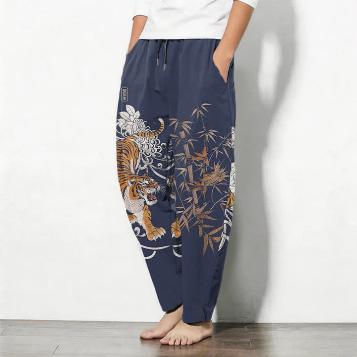 Buddha Stones Pantalon fuselé pour homme en pur coton, motif tigre rugissant et bambou, avec cordon de serrage et poches - image 8