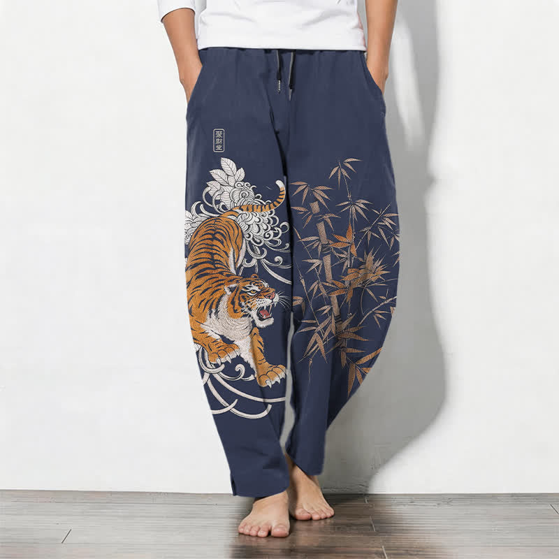 Buddha Stones Pantalon fuselé pour homme en pur coton, motif tigre rugissant et bambou, avec cordon de serrage et poches - Marine - US/UK/AU50，EU60 (5XL) - image 7